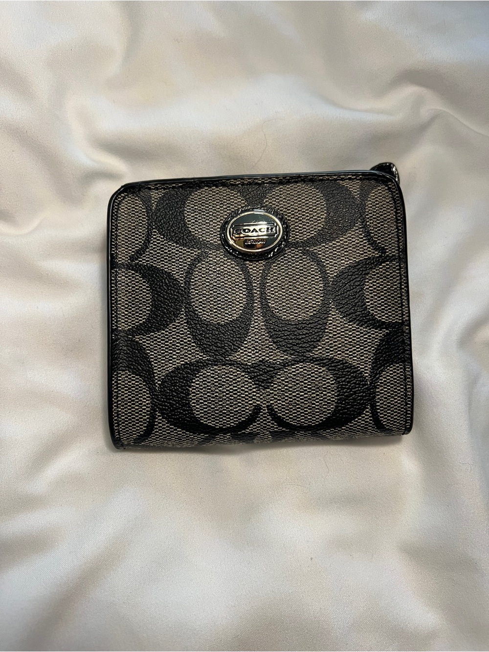 Coach Black Signature Compact Zip Card Holder